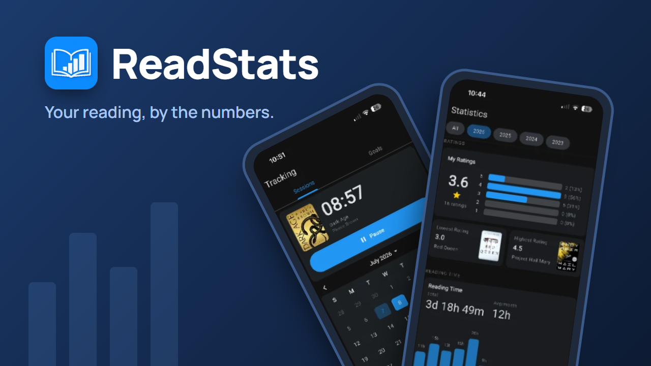 ReadStats app screens showing library, statistics, and reading timer